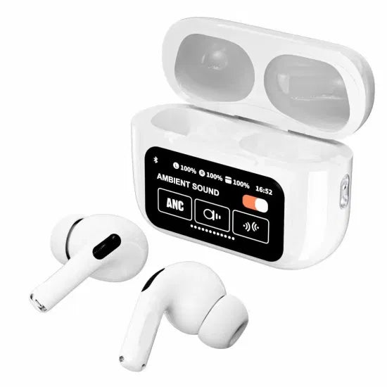 A9 Pro ANC Bluetooth 5.4 Wireless Earbuds (white)with Smart Screen and Active Noise Cancellation
